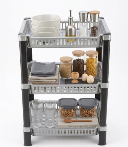 Image of U-Max Multi Tire Kitchen Storage Rack, Plastic Utility Shelf Organiser, Space Saving Storage Solution, Revolving Vegetable Rack (Silver, 3)