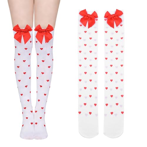 Image of Kilener White Thigh High Stockings With Bow Knee Socks for Women Thigh High Stockings Red Bowknots & Heart Dots Valentines Day Socks for Women Girls Cosplay Party Costume Accessories