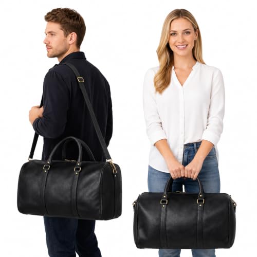 Image of ZAINTO Premium Leather Look Duffel Bag for Men & Women | 45L Weekender Travel Bag | Cabin Friendly Overnight Luggage | Gym Sports Bag with Adjustable Shoulder Strap | Black
