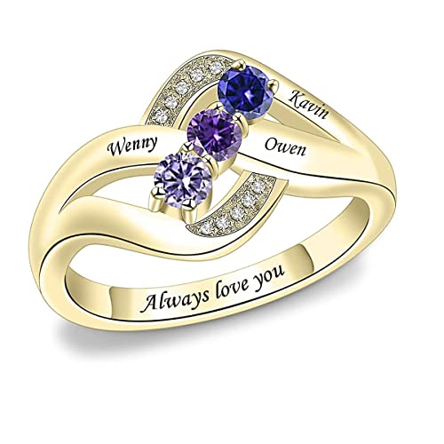 10K 14K 18K Solid Gold Mother Rings For Women Personalized Mother Daughter Ring With 3 Simulated Birthstones And Names Customized Gold Engraved Family Name Rings For Mother Grandmother Women Wife Birthday Mother's Day Gift (F) #TOP7
