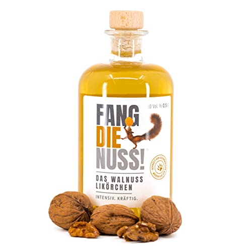 Fang die Nuss! | Premium Walnusslikör | Intensiv. Kräftig. | 30% Vol. Alkohol | Geprüft von Eichhörnchen aus der Region | Walnuss Schnaps 0,5l | Genießen & Gutes tun