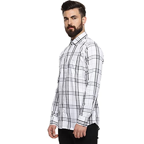 Image of Campus Sutra Cahoot Men's Checkered Regular Button Down Shirt (CT SUMR21SHRT PNCHK34 M PLN WHBU M White:Blue M)