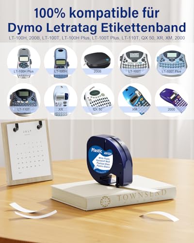 AONOMI Kompatibel mit Dymo Etikettenband 12mm x 4m Kunststoff 91221 Bänder, Kompatibel mit Dymo LetraTag Etikettenband LT-100H LT-100T XR QX50 200B 2000, Schwarz auf Weiß, White Plastic, 5 pack