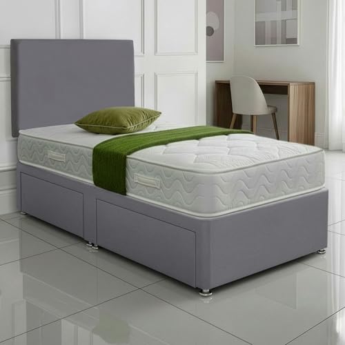 SANA SLEEP Premium Plain Fabric Divan Bed Set With Mattress 2 Drawers (Same Side) and Headboard 3FT Single - Sierra Shark Grey