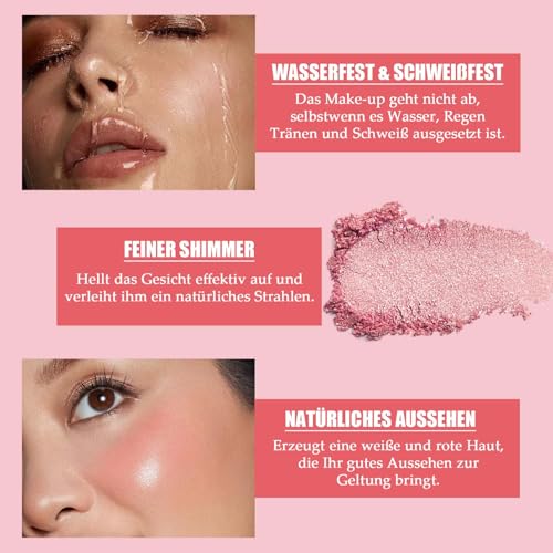Highlighter Blush Powder, Shimmer Rouge Puder Highlighter Palette, Hochpigmentiert Rouge Makeup, Wasserfest & Schweißfest Highlighter Blush mit Ultra Schimmernden Finish, Weicher & Strahlender Effekt