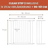 hauck Clear Step 2 + 21 cm Verlängerung, Weiß - Kinderschutzgitter Hundegitter, Verstellbare Breite 96-101 cm, 77 cm Hoch, Flacher Einstieg, Einhand Öffnung, ohne Bohren, für Innen