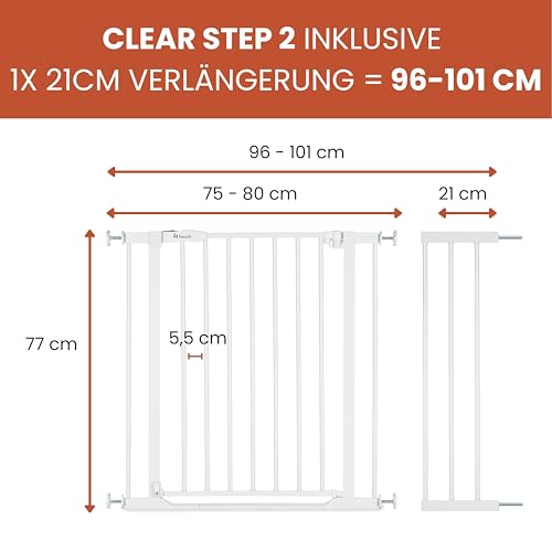 hauck Clear Step 2 + 21 cm Verlängerung, Weiß - Kinderschutzgitter Hundegitter, Verstellbare Breite 96-101 cm, 77 cm Hoch, Flacher Einstieg, Einhand Öffnung, ohne Bohren, für Innen