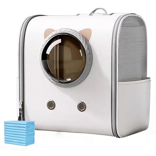 猫犬兼用 ペットキャリーバッグ リュック型 大容量 折りたたみ 宇宙船デザイン 2種類窓付き 通気性 小型犬・猫・小動物用 旅行 通院 防災 避難用 ペットバックパック 快適通気 ストレス軽減 外出用 (ホワイト,大サイズ+汚れ防止シート10枚)