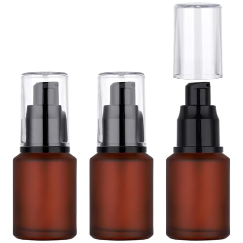Image of Segbeauty 1oz Frosted Glass Pump Bottle Dispenser Refillable, Pack of 3 Red Empty Small Lotion Bottle Travel Size Makeup Pump Dispensers, 30ml Leak Proof Glass Travel Bottles for Toiletries