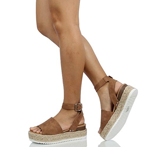 Image of Soda Topic Open Toe Buckle Ankle Strap Espadrilles Flatform Wedge Casual Sandal