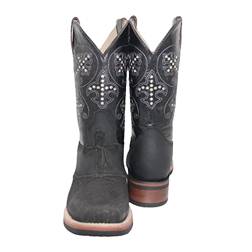 Men’s Genuine Leather Square Toe Cross Embroidered Mid Calf Cowboy Western Boot2