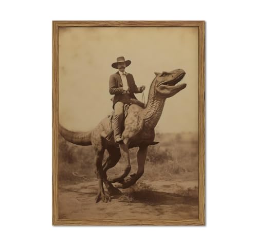 Vintage Dinosaur Cowboy Wall Art Funny Western Jurassic Park Wall Decor Painting, Retro Cowboy Riding Dinosaur Poster Canvas Print Picture for Living Room Bedroom 16x24 inch Wood Framed