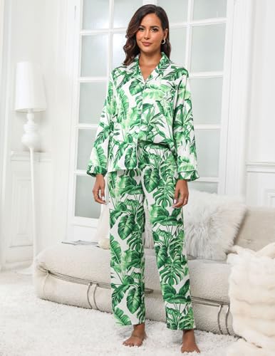 Image of UMBY Silk Satin Pajamas for Women Set 2 Piece Silk Pjs Long Sleeve Top Cozy Sleepwear Silky Pajamas