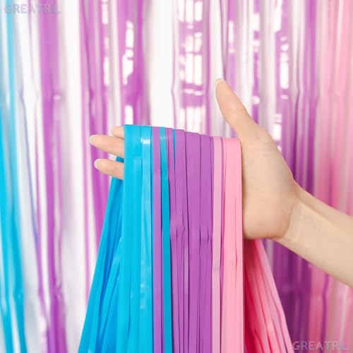 Image of Blue Purple Pink Tinsel Backdrop - GREATRIL Pastel Foil Fringe Curtain Streamers for Pony Theme Birthday Mermaid Shower Unicorn Girls Party Decorations 2 Packs