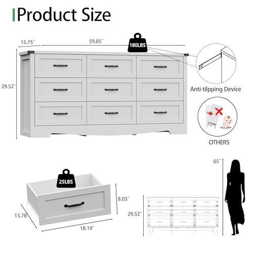 Image of Dresser for Bedroom with 9 Drawers, 59 inch Wide Modern Chest of Drawers with Deep Drawers & Mental Handle, Wood Dresser TV Stand, Wooden Closet Storage Organizer for Living Room, Hallway, Entryway, White