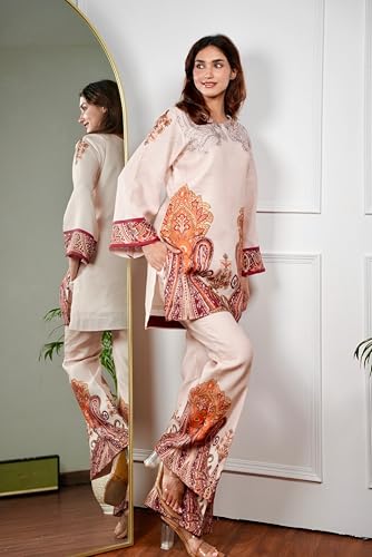 Image of GoSriKi Co Ord Set for Women Viscose Printed | Straight Kurta Palazzo Set for Woman | Round Neck Full Sleeve Ethnic Dress Stylish Coord Outfit Trendy Womens Clothing