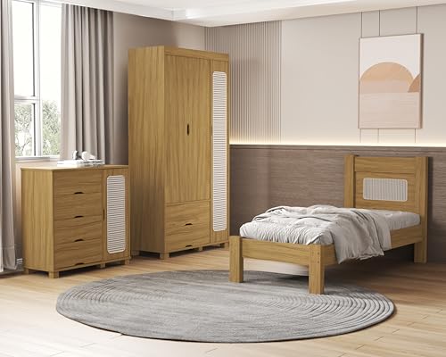 Quarto Completo Solteiro Clara Com Cômoda Roupeiro e Cama. (Nature)