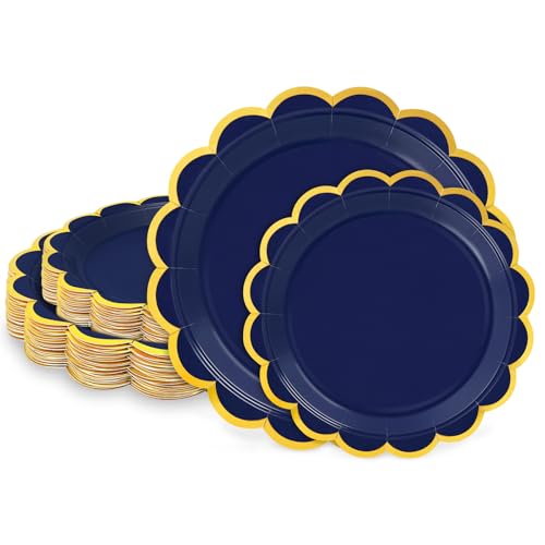 LIKAJON 50 Pcs Navy Blue Paper Plates 25 Pcs 9 and 25 Pcs 7 Disposable Navy Blue Scalloped Plates with Gold Foil for Graduation Wedding Baby Shower Birthday Party Picnic BBQ Halloween