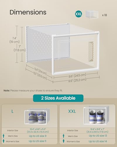 Image of SONGMICS Shoe Boxes, Pack of 18 Shoe Storage Organizers, Stackable Clear Plastic Boxes for Closet, Sneakers, 13.1 x 9.9 x 7.4 Inches, Transparent and White ULSP18MWT