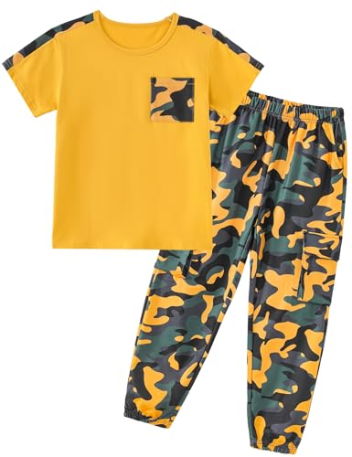 Image of mksodopy Boys Clothes Outfits Set, Camo Cargo Pants and Short Sleeve Pocket Tee 2PC Summer Tracksuit for Kids 5-16Y