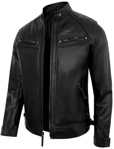 Image of Leather Jacket Men - Real Lambskin Motorcycle Jacket with Snap Tab Collar, Adjustable Waist & Zippered Pockets