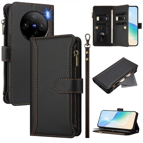 Rfvzubemok Compatible with Vivo X100 5G V2309A,Compatible with Vivo X100 5G V2309A Cover,Flip Kickstand Double Card Slots Zipper Wallet Case Black