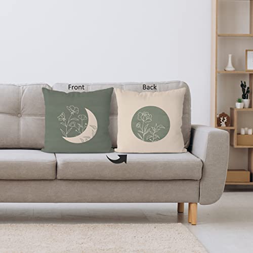 Modern Art Boho Green Sun Tropical Flowers Plants Moon Reversible Throw Pillow Covers,Home Bedroom Living Room Nursery Decor Bohemia Home Pillow Case,Boho Lovers Girls Kids Gifts,18X18 Inch Pillowcase #TOP4