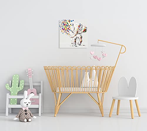 Happy Elephant Canvas Wall Art Cute Elephant Spraying Water Picture Print For Kids Room Bathroom Poster Framed Ready To Hang (14"X14"X1 Panel) #TOP2
