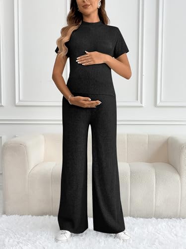 OYOANGLE Women's Maternity Lounge Set 2 Piece Ribbed Knit Short Sleeve Top and Pants Pajama Set Sleepwear4
