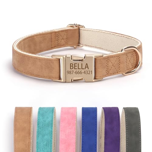 Personalized Dog Collars Custom Pet Name and Phone Number Engraved Metal Buckle Leather Dog Collar Adjustable for XSmall,Small, Medium, Large Dogs