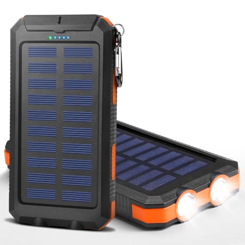 Solar Powerbank 20000mAh, Wasserdichter Externer Akku mit 2 USB-Ausgängen, LED-Taschenlampe und Kompass, Tragbares Solarladegerät für Camping, Wandern, Outdoor, Smartphones und Tablets
