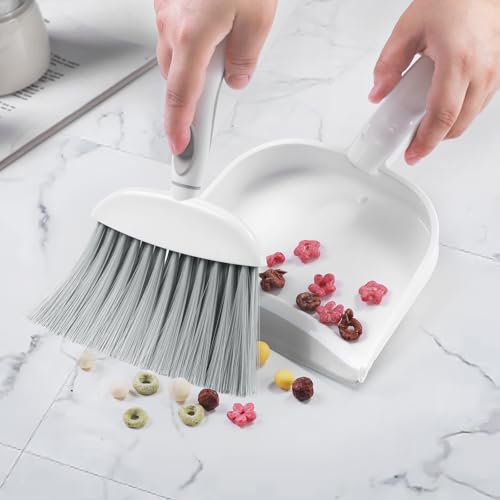 Image of NACENA Small Dust Pan and Brush Set, Mini Broom and Dustpan Set Small Hand Broom and Brush Combo Dust Pan with Teeth for Home Cleaning Drawers Desktop Sofas and Outdoor, White & Gray