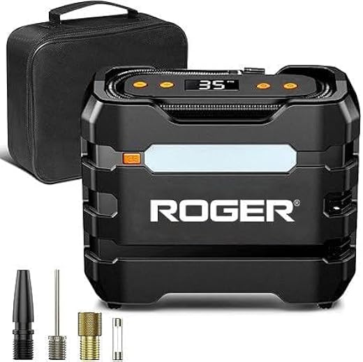 Roger Portable 12V DC Car Tire Inflator Air Compressor. Featuring Auto Shut Off and LED Lights, It's Perfect for Inflating...