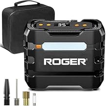 Roger Portable 12V DC Car Tire Inflator Air Compressor. Featuring Auto Shut Off and LED Lights, It's Perfect for Inflating car Tires, Motorcycles, Bikes, and inflatables.