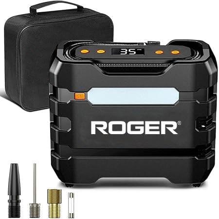Roger Portable 12V DC Car Tire Inflator Air Compressor. Featuring Auto Shut Off and LED Lights, It's Perfect for Inflating