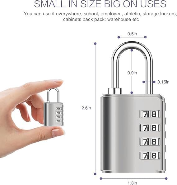 Image of 4-Digit Combination Padlock with Backup Key | Heavy Duty Black Metal Security Lock | Resettable Code for Gym Locker, School, Travel, Gate & Storage Use (Silver)