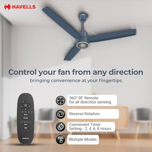 Image of Havells EPIC SIGNIA BLDC Ceiling Fan 1200mm, 5 star, LED Speed Indicator, 380 RPM, Up to 65% Savings,Reverse Rotation,4 Speed Modes,Low Wattage 30W,Low Noise,Air Flow:225 CMM, Denim Blue