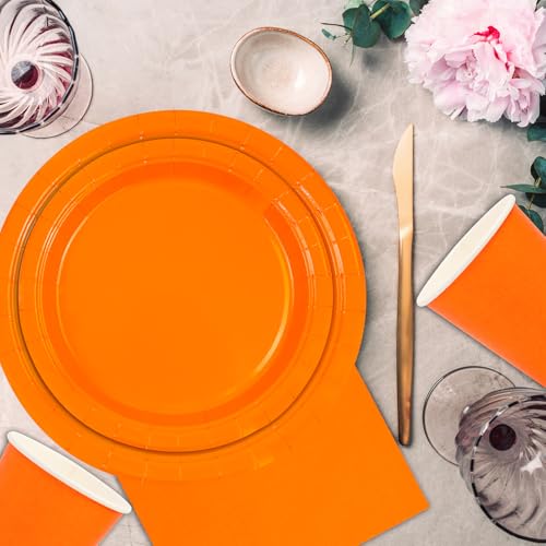 64 Stück Partygeschirr Set,Orange Geburtstag Party Papiergeschirr Geschirr Set Inklusive Teller Servietten Becher und Dessertteller Geeignet für Hochzeiten,Weihnachten,Kinder Geburtstagsparty-16 Gäste