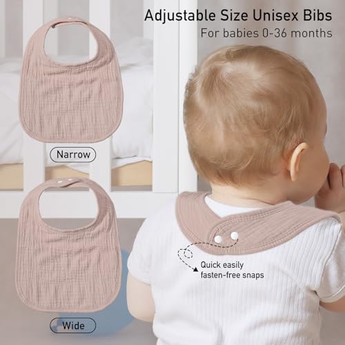 Image of Muslin Bibs for Baby Boy Girl, Adjustable Fit for Drooling and Teething | 6Pk, 100% Soft Cotton Surface & Multi-Layer Absorbent Core, Shrink-resistant & Fade-Proof, Gentle on Sensitive Newborn skin