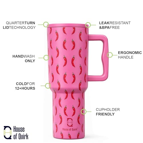 Image of House of Quirk 1200ML Stainless Steel Tumbler with Handle & Lid, 2 Straws - Large Travel Mug Water Cup for Gym, Office & Outdoor Use (Pink Chili)