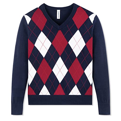 BOBOYOYO Boys Argyle Sweater 100% Cotton Cable Knit Boys Uniform Sweater V-Neck Christmas Kids Pullover for Children 5-14 Y