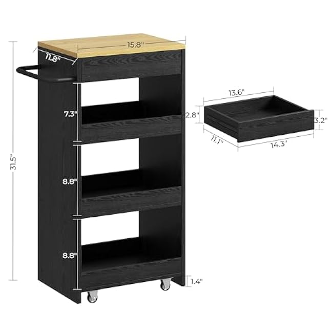 IRONCK Wood Storage Cart, 4 Tier Rolling Kitchen Cart on Wheels, Slide Out Utility Cart, Organizer Trolley with Handle, Drawer for Kitchen, Laundry, Bathroom, Black-zKJ3y47C