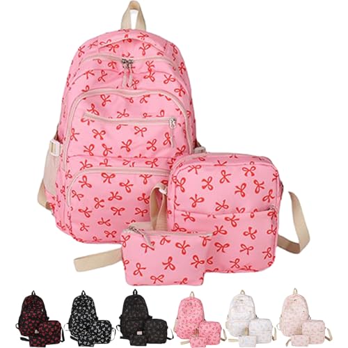 3Pcs Set Bow Backpack for Girls, Exquisite Bow Nylon Backpack, Women's Cute Fashion Travel Leisure Bag (Rose)