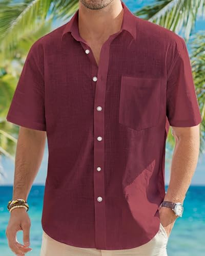Image of J.VER Mens Linen Shirt Short Sleeve Button Down Casual Summer Shirts | Cotton Linen, Untucked, Big Tall, from Beach Camp Vacation, Cruise Fishing, Work Office, to Wedding Party Family, with Pocket