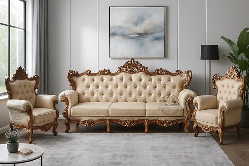 Image of Royal Carved Wooden Sofa Set | 3+1+1 Seater | Antique with Button Tufted Velvet Upholstery | Victorian Style Living Room Furniture Tufted Sofa Set Grey 3-Piece (Design 8)
