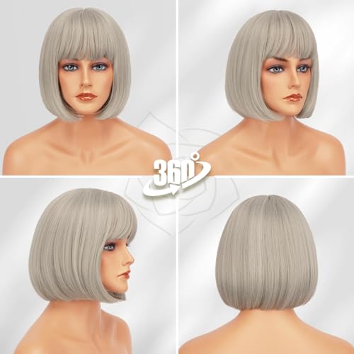 BARSDAR Grey Wig with Bangs, 12 Inch Short Gray Wig Straight Bob with Bangs for Women's Short Bob Wigs, Natural & Soft - Image 4