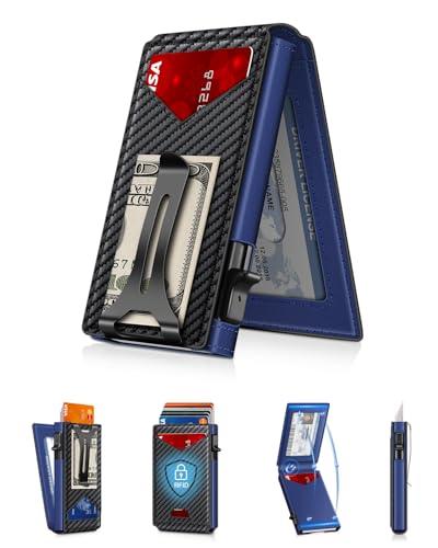 Slim RFID Wallet with Money Clip, CarbonBlue, 10-12 Cards