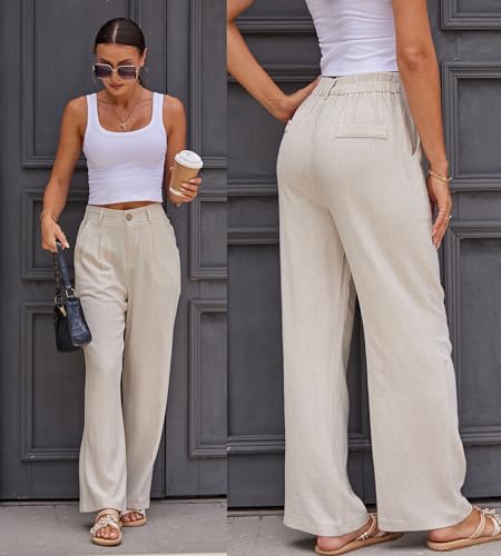 Fakanhui Women's Cotton Linen Wide Leg Pants High Elastic Waist Casual Business Work Trousers3