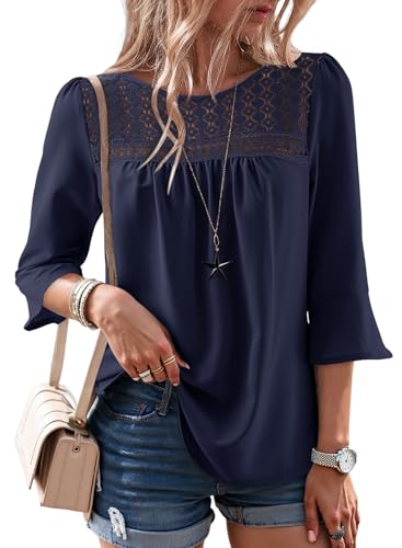 Dokotoo Women's 2025 Fall Fashion Tops 3/4 Sleeve Crewneck Shirts Casual Chiffon Boho Lace Blouses