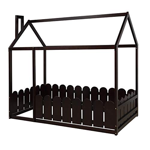 House Bed Frame, Durab Full Size Wood Bed House Bed Frame With Fence Wood Bed Frame Cabin Bed Floor Bed Nursery Furniture For Teens Girls Boys Tent Bed, Espresso (78.7”L X 42.5”W X 70.8”H) #TOP2